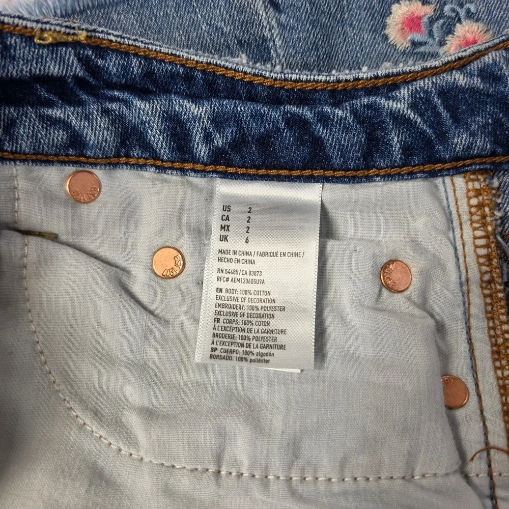 American Eagle Denim Mini‎ Skirt Womens 2 Blue Excellent Floral Embroidered Boho